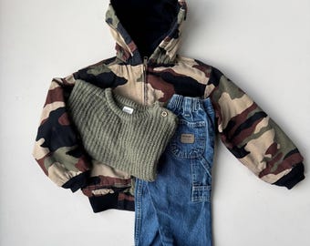 Vintage Camo Hooded Jacket |  Kids Military Street Style Coat | Size 2-3years