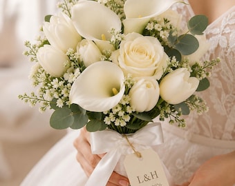 Personalized Bridal Bouquet, White Calla Lily, Rose, Tulip Wedding Flowers, Eucalyptus, Satin Ribbon