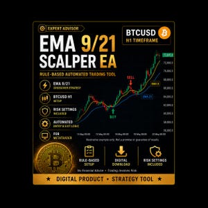 May include: A black digital graphic for the EMA 9/21 Scalper EA trading tool. It features a BTCUSD H1 timeframe candlestick chart with EMA 9 and 21 lines, buy and sell indicators, a gold Bitcoin coin icon, and text detailing automated logic.