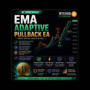 May include: A digital graphic for an EMA Adaptive Pullback Expert Advisor featuring a BTCUSD H1 timeframe candlestick chart with green and red candles, EMA 9 and 21 lines, buy and sell indicators, and text detailing automated trading features.