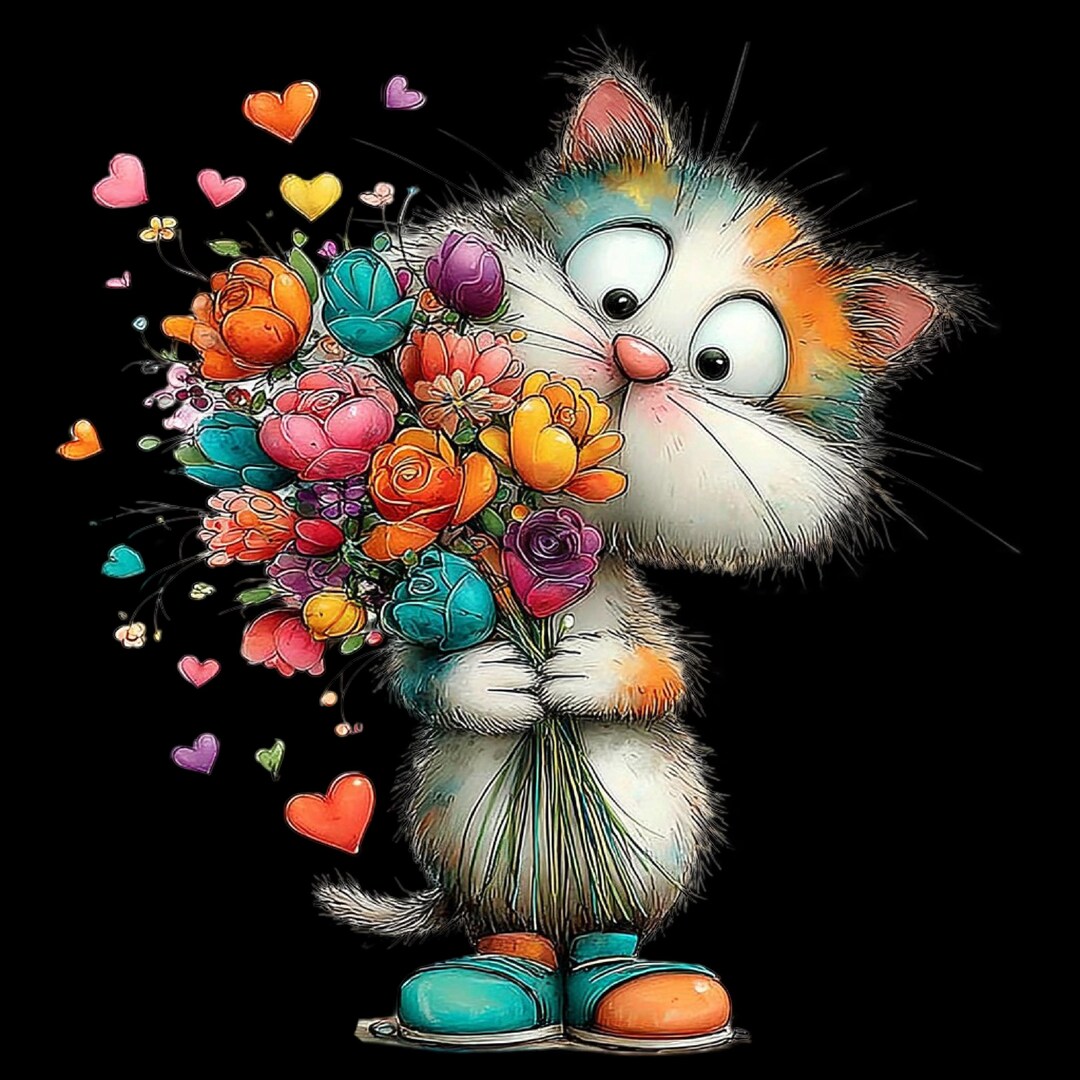 Whimsical Cat Flower Bouquet Art | Illustration (digital Download - Etsy