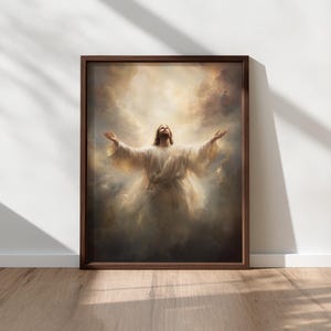 Arte mural de Jesús con los brazos abiertos – Arte cristiano imprimible, decoración de fe espiritual, obra de arte de luz celestial, descarga digital