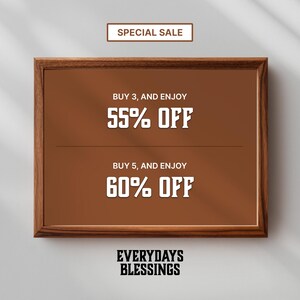 Holiday Art Sale banner showing digital wall art promotion — Buy 3 and Get 65% Off, Buy 5 and Get 75% Off. Perfect for promoting Christian wall art, inspirational scripture prints, and printable digital downloads.