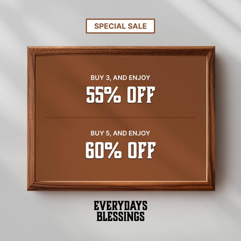Holiday Art Sale banner showing digital wall art promotion — Buy 3 and Get 65% Off, Buy 5 and Get 75% Off. Perfect for promoting Christian wall art, inspirational scripture prints, and printable digital downloads.