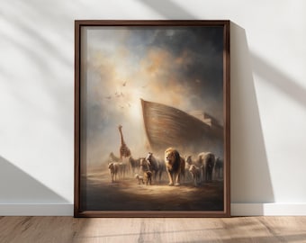 Noah’s Ark Christian Wall Art Printable – Bible Story Art, Biblical Animals Painting, Faith Decor, Printable Wall Art, Digital Download