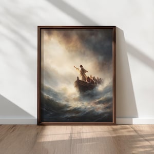 Jesus Calms the Storm Wall Art – Biblical Printable Painting, Christian Faith Decor, Dramatic Sea Scene, Digital Download