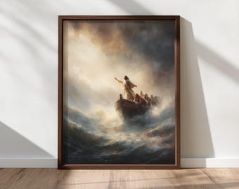 Jesus Calms the Storm Wall Art – Biblical Printable Painting, Christian Faith Decor, Dramatic Sea Scene, Digital Download