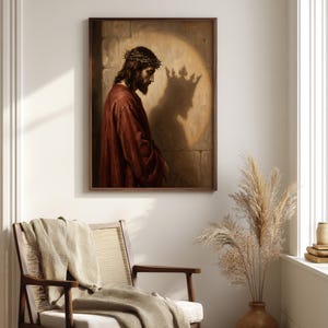Vintage Jesus portrait digital print for living space — royal crown shadow and compelling lighting create a powerful devotional effect.
