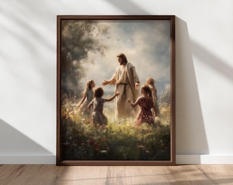 Jesus with Children Wall Art Print, Peaceful Christian Meadow Scene, Vintage Pastoral Painting, Spiritual Printable Digital Download