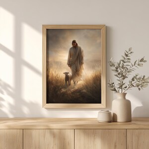 Good Shepherd painting printable art for nursery — tender depiction of Jesus with a lamb, enhancing a cozy, spiritual vibe.