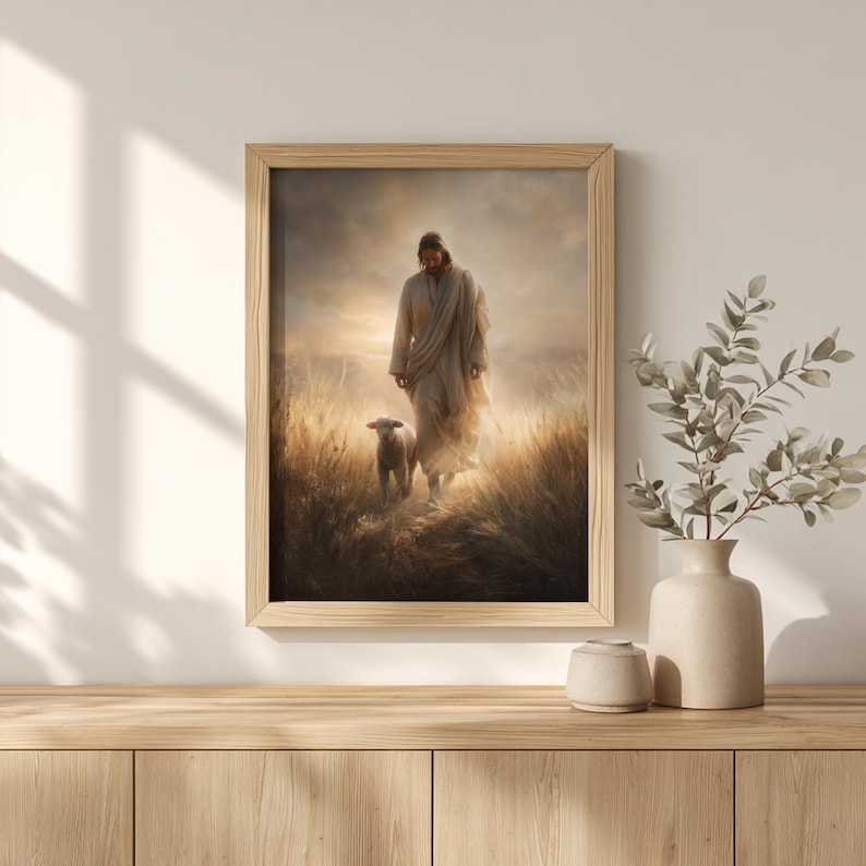 Good Shepherd painting printable art for nursery — tender depiction of Jesus with a lamb, enhancing a cozy, spiritual vibe.