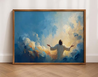 両手を広げた天上のイエスの油絵、印刷可能なキリスト教の壁アート、スピリチュアルな装飾、感動的な空の風景、宗教的な家のアートプリント