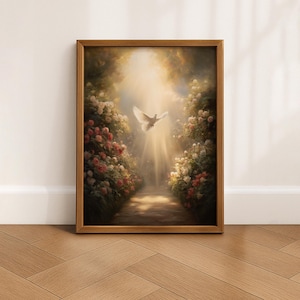 White Dove in Heavenly Light, Peaceful Christian Garden Wall Art, Spiritual Floral Painting, Printable Digital Download