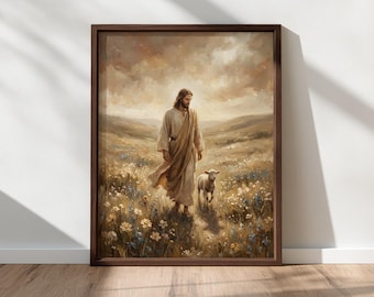 Jesús caminando con un cordero en un prado de flores silvestres, arte cristiano imprimible, arte de pared de Jesús, arte cristiano imprimible, descarga digital