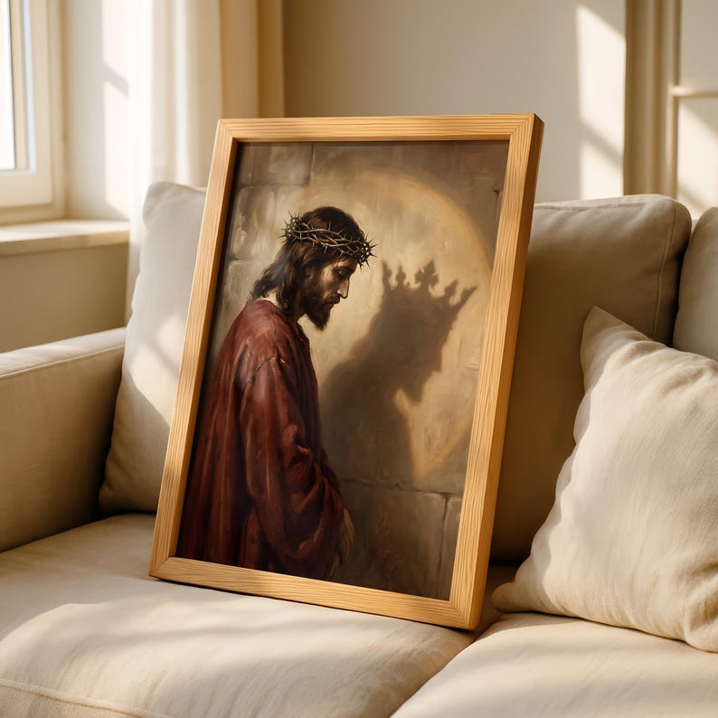 Religious oil painting poster for meditation room — contemplative artwork depicting Jesus in profile with subtle lighting and shadow.