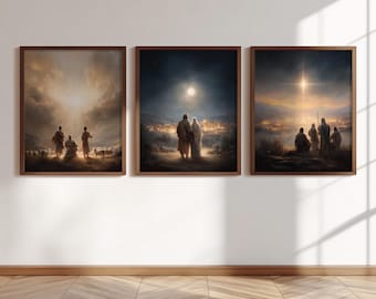 May include: A set of three framed wall art prints featuring biblical scenes. The left print shows figures with sheep under a cloudy sky. The center print depicts two figures looking toward a glowing city at night. The right print shows figures under a bright star.