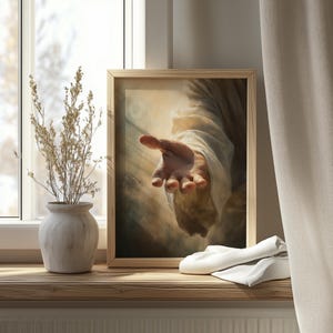 Close-up of Jesus’ reaching hand wall art for entryway — tender tones and soft lighting evoke a calming spiritual atmosphere.