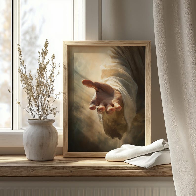 Close-up of Jesus’ reaching hand wall art for entryway — tender tones and soft lighting evoke a calming spiritual atmosphere.