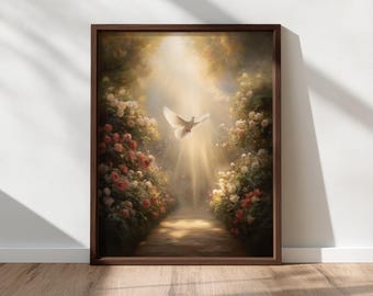 White Dove in Heavenly Light, Peaceful Christian Garden Wall Art, Spiritual Floral Painting, Printable Digital Download