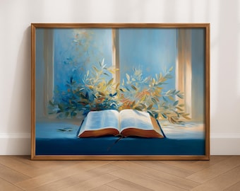 オリーブの枝が描かれた開いた聖書のキリスト教の壁アート、聖書の絵画、信仰心を表す装飾、聖書の一節のアート、宗教的な贈り物、デジタルダウンロード