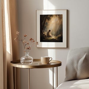 Peaceful oil painting picture for entryway — featuring a robed figure in prayer set amongst olive trees, creating a tranquil, meditative ambiance.