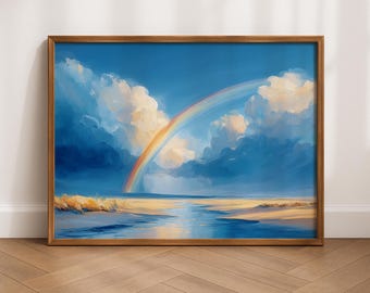 レインボービーチのクリスチャンウォールアートプリント、風景油絵、信仰心あふれる装飾、自然聖書アート、宗教的な贈り物、デジタルダウンロード