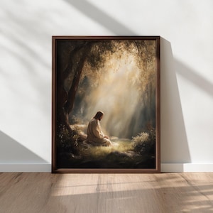 Jesus Praying in the Garden of Gethsemane, Spiritual Christian Wall Art, Moody Devotional Printable, Digital Download