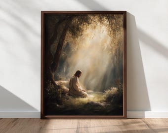 Jesus Praying in the Garden of Gethsemane, Spiritual Christian Wall Art, Moody Devotional Printable, Digital Download