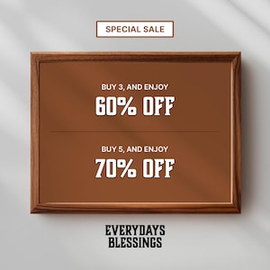 Holiday Art Sale banner showing digital wall art promotion — Buy 3 and Get 65% Off, Buy 5 and Get 75% Off. Perfect for promoting Christian wall art, inspirational scripture prints, and printable digital downloads.