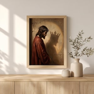 Bowed head Jesus wall art for prayer nook — emotional portrait in soft tones with painterly brushwork that inspires contemplation.