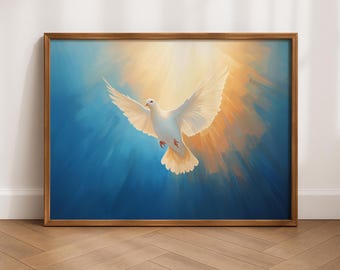輝く鳩の壁画、キリスト教のスピリチュアルなプリント、聖書をモチーフにしたインスピレーションあふれる装飾、信仰と希望を描いた天国の油絵