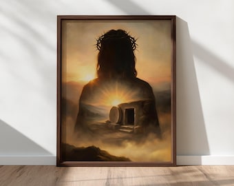 イエスの復活のシルエットを描いた壁画、いばらの冠を描いたキリスト、印刷可能なキリスト教の壁画、空の墓の日の出のアート、デジタルダウンロード