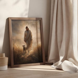 Jesus as the Good Shepherd poster for living room — rich, warm colors create a calming, pastoral scene perfect for relaxation.