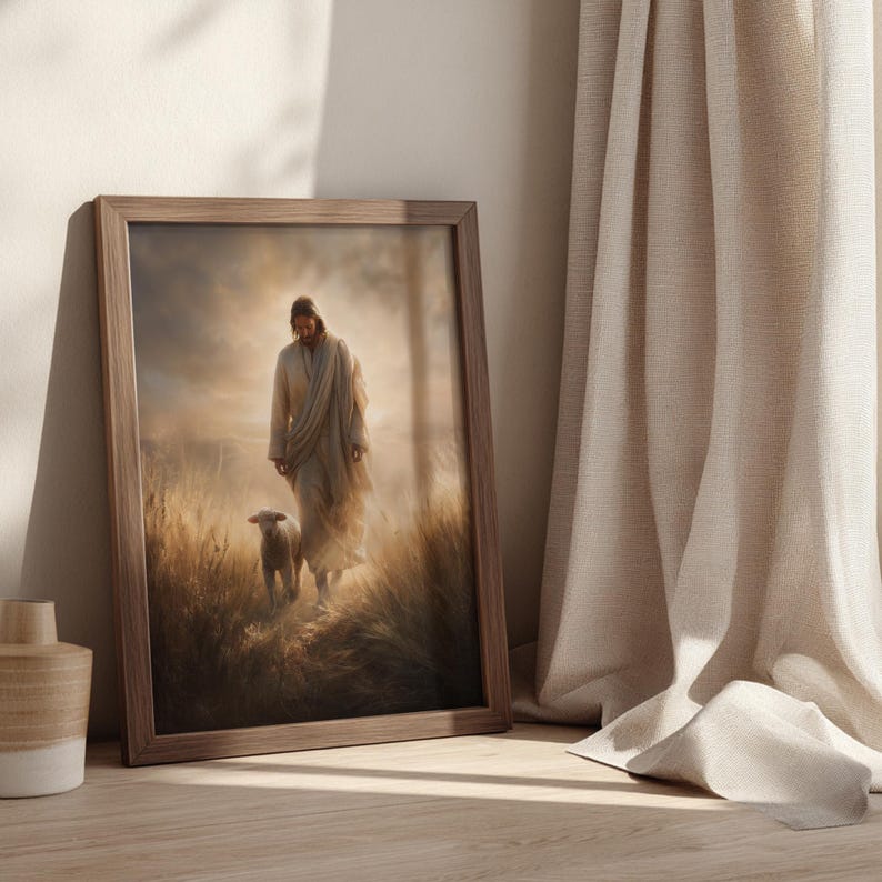 Jesus as the Good Shepherd poster for living room — rich, warm colors create a calming, pastoral scene perfect for relaxation.