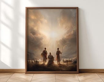 Angel appearing to Shepherds Wall Art, Biblical Scene Print, Christian Christmas Decor, Heavenly Light, Printable Digital Download