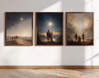 Nativity Scene Print Set of 3 – Christian Christmas Wall Art Bundle, Holy Night Bethlehem Star Prints, Digital Download