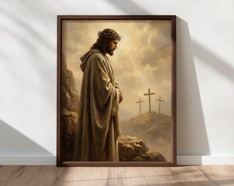イエスのいばらの冠を描いた壁画、ゴルゴタの十字架の場面、キリスト教の壁画（印刷可能）、敬虔な聖週間のアート、信仰のアートワーク、デジタルダウンロード
