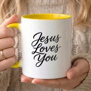 Taza cristiana "Jesús te ama" de 325 ml, con versículo bíblico, religiosa, regalo cristiano para mujeres Yellow