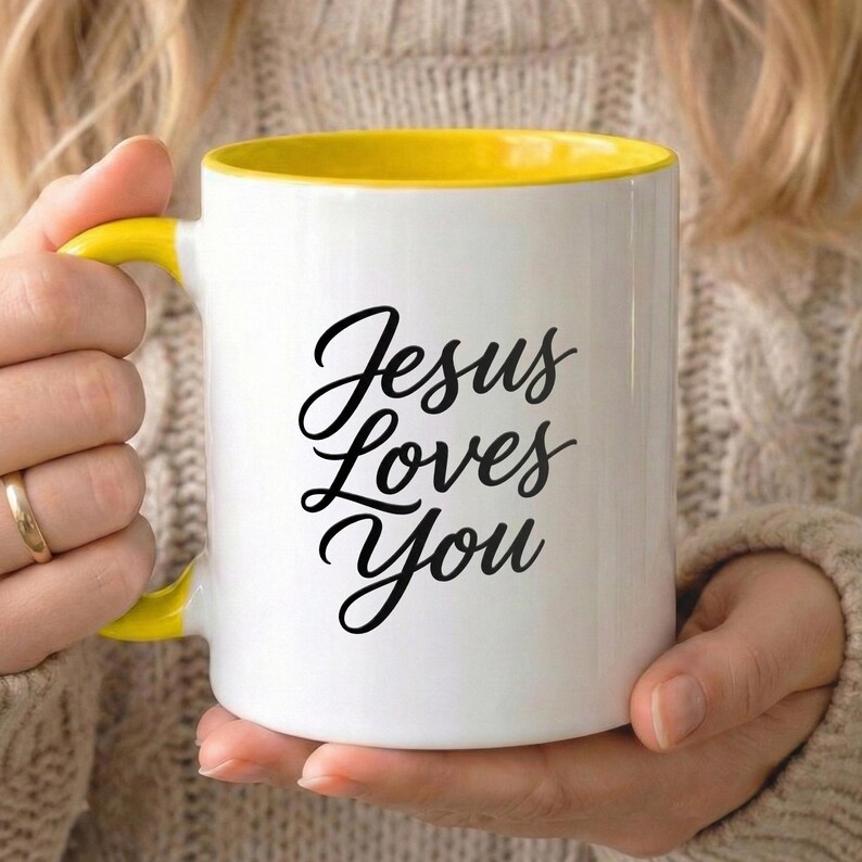 Taza cristiana "Jesús te ama" de 325 ml, con versículo bíblico, religiosa, regalo cristiano para mujeres Yellow