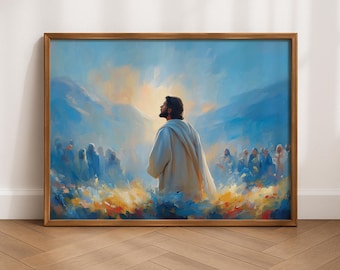山上のイエスのキリスト教壁アートプリント、山上の説教の絵画、信仰の装飾、聖書の一節のアート、宗教的な贈り物、デジタルダウンロード