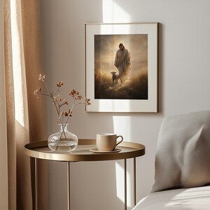Good Shepherd picture for bedroom — intimate portrayal of Jesus and his lamb, enhancing warmth and devotion in your sacred space.