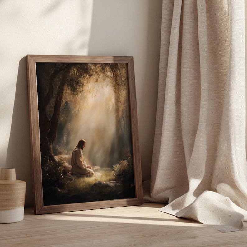 Kneeling Jesus in prayer oil painting poster for meditation space — reverent and contemplative artwork with dramatic chiaroscuro lighting.