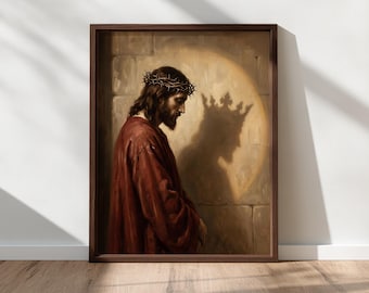 イエスのいばらの冠を描いた壁画、王の王のアート、キリスト教の壁画（印刷可能）、聖週間の装飾、信仰のアートワーク、デジタルダウンロード