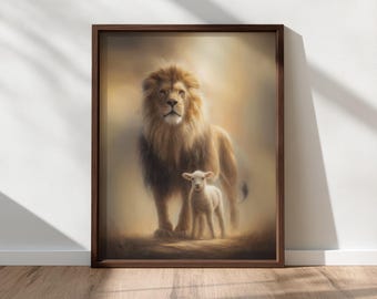 Lion and Lamb Christian Wall Art, Biblical Story Art - Biblical Lion and Lamb Printable, Jesus Wall Art, Faith Wall Decor, Digital Download