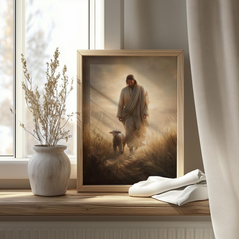 Jesus painting wall decor for family room — moody, golden hues capture a tranquil moment between the shepherd and his lamb.