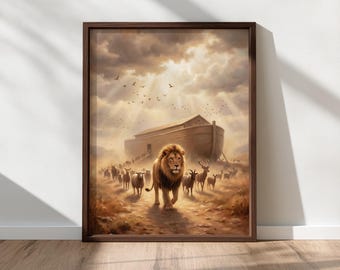 Arte mural de la procesión de animales del Arca de Noé, arte cristiano imprimible, escena de la historia bíblica, arte mural cristiano, Antiguo Testamento, descarga digital