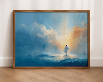 水上を歩くイエスのキリスト教壁画、信仰を表現できる印刷物、聖書の一節のアート、イエスの奇跡のプリント、宗教的な贈り物、デジタルダウンロード