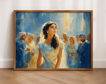 エステル女王のウォールアート、キリスト教の油絵プリント、聖書物語のデジタルダウンロード、信仰の印刷物、宗教的なホームデコレーションギフト