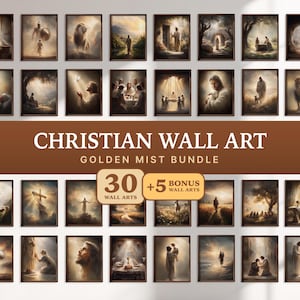 May include: A collection of 35 framed Christian wall art prints featuring golden mist themes. The images depict various biblical scenes, including figures in robes, landscapes, and religious symbols. Text on the display reads CHRISTIAN WALL ART GOLDEN MIST BUNDLE 30 + 5 BONUS WALL ARTS.