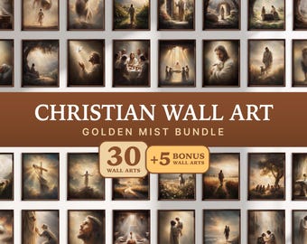 Christian Wall Art Bundle of 35 - Golden Mist Gallery Wall Set of 35, Jesus Wall Art, Christian Art Bundle, Digital Download Collection
